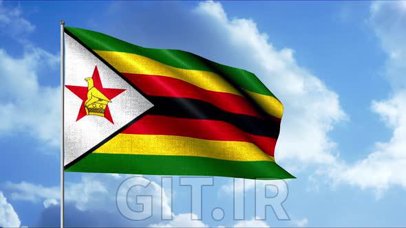 موشن گرافیک پس زمینه پرچم کشور زیمبابوه در آسمان آبی با افکت سه بعدی ابرهای روان